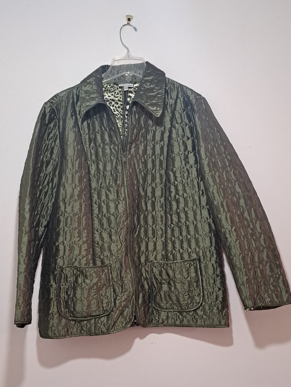 Quilted Olive Utility Jacket with Leopard Lining. Gorpcore.